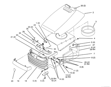 Hood And Grill Diagram and Parts List for 72042 5900001 - 5900796 Toro Lawn Tractor