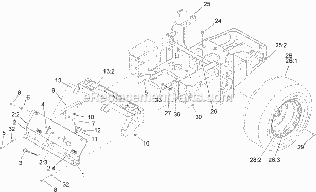 Main Frame Assembly Diagram and Parts List for 74166 240000001-240999999 Toro Lawn Mower