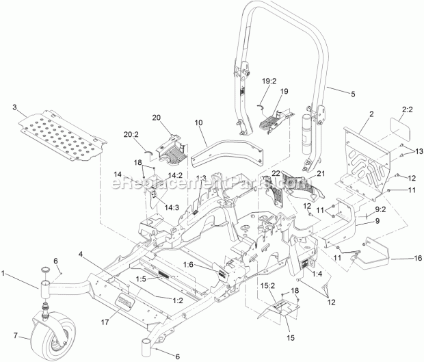 Frame And Caster Assembly Diagram and Parts List for 74915CP 311000001-311999999 Toro Lawn Mower