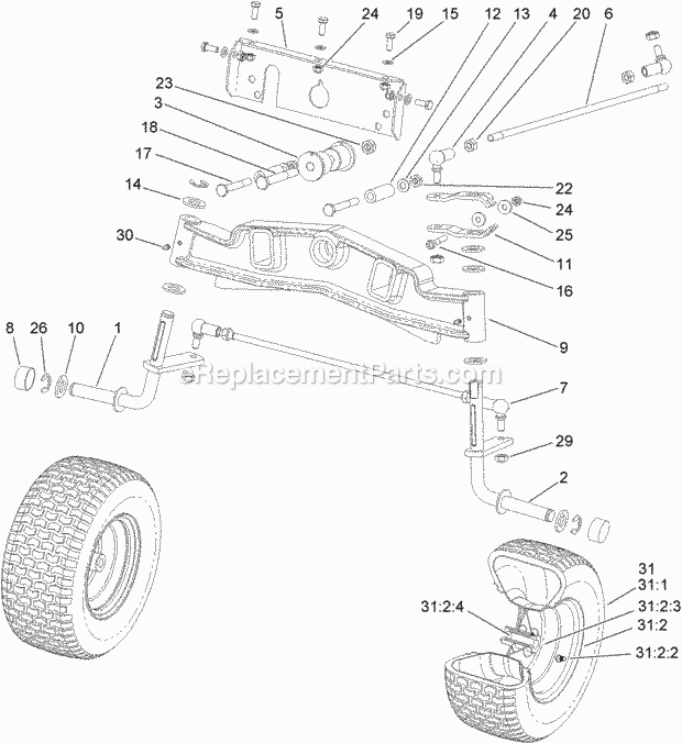 Front Axle Assembly Diagram and Parts List for 74585 312000001-312999999 Toro Lawn Mower