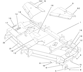 Deck, Wheels And Deflector Assembly Diagram and Parts List for 74212 (990001-991000)(1999) Toro Lawn Mower