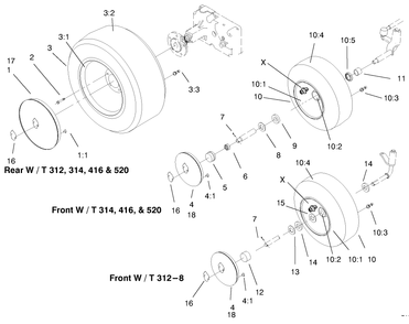 Wheel Assemblies Diagram and Parts List for 73423 7900001 - 7999999 Toro Lawn Tractor