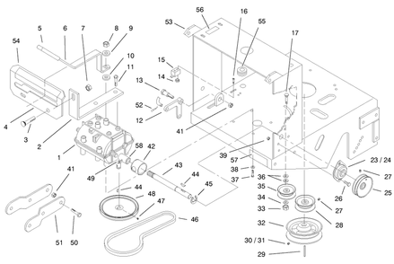 Transmission, Pulleys And Drive Belt Diagram and Parts List for 30196 990201 - 999999 Toro Lawn Mower