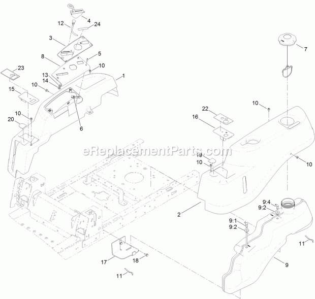 Body Styling And Fuel Tank Assembly Diagram and Parts List for 74797 315000001-315999999 Toro Lawn Mower