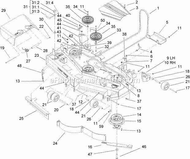 Deck Assembly Diagram and Parts List for 74239 250000001-250999999 Toro Lawn Mower
