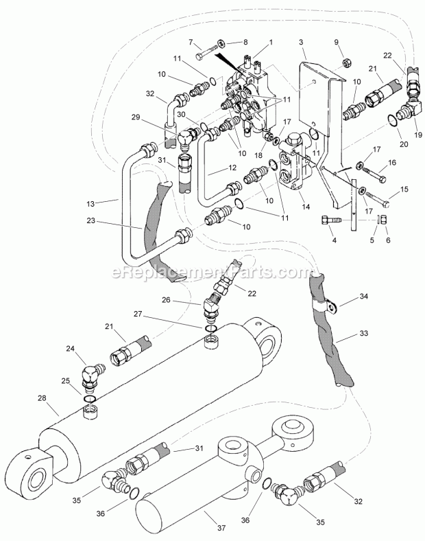 Plow Hydraulic Circuit Plow Lift And Swing - Diagram and Parts List for 2011  Toro Lawn Tractor Accessories
