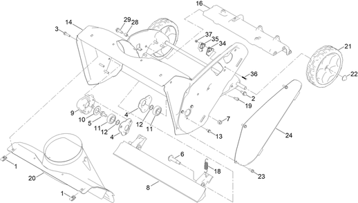 Chute And Wheel Assembly Diagram and Parts List for 38754 414142000 - 999999999 Toro Snow Blower