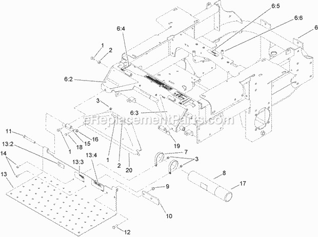 Traction Frame And Floor Pan Assembly Diagram and Parts List for 74265 260000001-260999999 Toro Lawn Mower