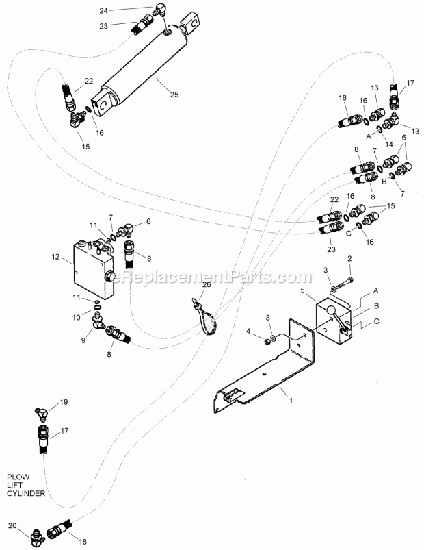 Selector Valve And Attachment Lift Hydraulic Diagram and Parts List for 2011  Toro Lawn Tractor Accessories