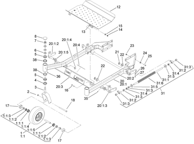 Front Frame Assembly Diagram and Parts List for 74418TE (270002001-270999999)(2007) Toro Lawn Mower
