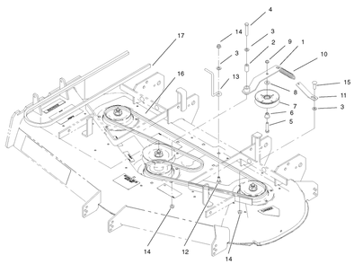 Deck, Belts And Idler Arm Assembly Diagram and Parts List for 74228 (210000001-210999999)(2001) Toro Lawn Mower