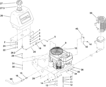 Engine And Fuel Tank Assembly Diagram and Parts List for 38694 (290000001-290999999)(2009) Toro Lawn Mower