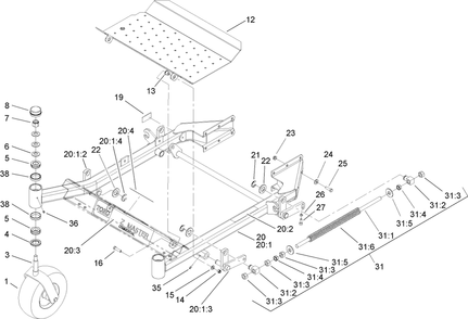 Front Frame Assembly Diagram and Parts List for 74413 (250005001-250999999)(2005) Toro Lawn Mower