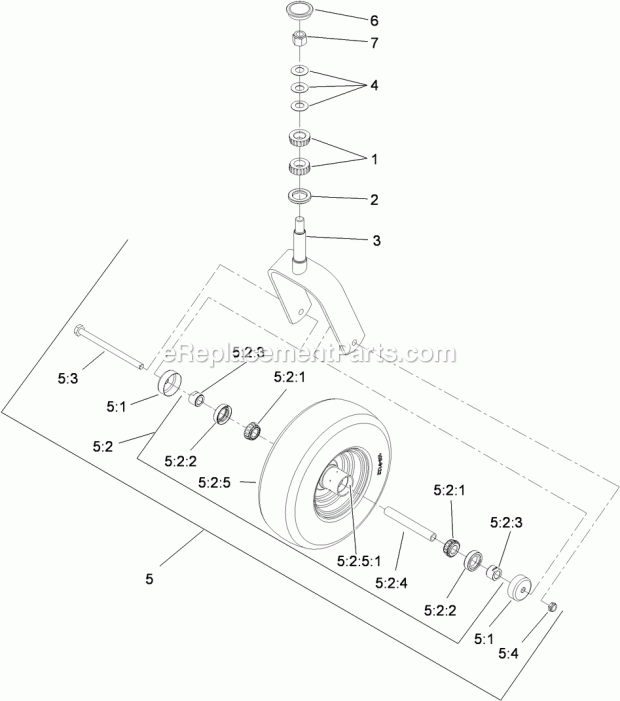 Caster Wheel And Fork Assembly Diagram and Parts List for 74901CP 311000001-311999999 Toro Lawn Mower