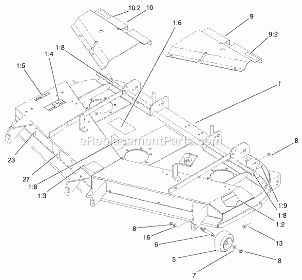 Deck, Deflector And Roller Assembly Diagram and Parts List for 74218 200000001-200999999 Toro Lawn Mower