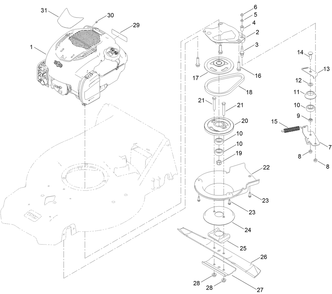 Engine And Blade Assembly Diagram and Parts List for 21563 411000000 - 412146708 Toro Lawn Mower