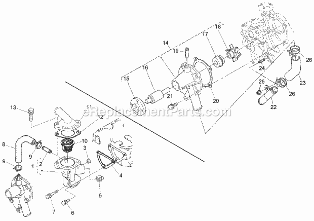 Water Flange, Pump, Pipe And Thermostat Assem Diagram and Parts List for 74265 260000001-260999999 Toro Lawn Mower