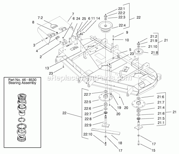Spindle And Pulley Assembly Diagram and Parts List for 74218 200000001-200999999 Toro Lawn Mower