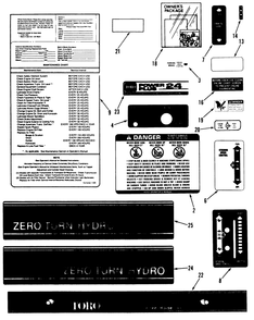 Decals Diagram and Parts List for R1-24OE02 1000001 - 1999999 Toro Lawn Tractor