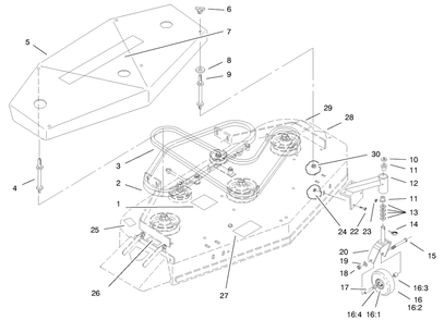 Deck, Cover And Deck Drive Belts Diagram and Parts List for 30196 990001 - 990200 Toro Lawn Mower
