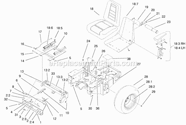 Main Frame Diagram and Parts List for 74175 200000001-200999999 Toro Lawn Mower