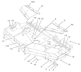Deck, Deflector And Roller Assembly Diagram and Parts List for 74236 (220000001-220999999)(2002) Toro Lawn Mower