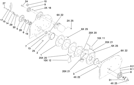 Rotor Blade Drive Assembly Diagram and Parts List for 23102 317000001 - 317999999 Toro Cultivator