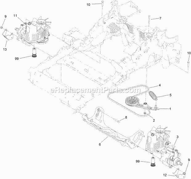 Hydraulic Pump, Idler And Belt Assembly Diagram and Parts List for 74942TE 315000001-315999999 Toro Lawn Mower