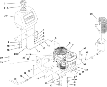 Engine And Fuel Tank Assembly Diagram and Parts List for 38684 (290000001-290999999)(2009) Toro Lawn Mower