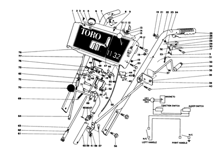 Handle Assembly Diagram and Parts List for 38090 0000001 - 0999999 Toro Snow Blower