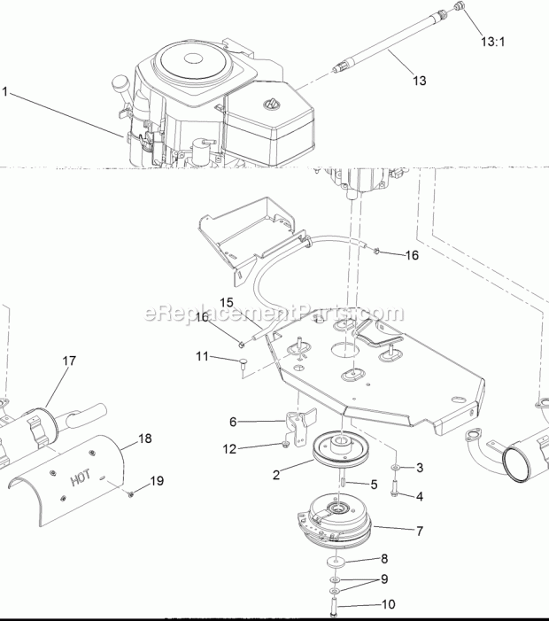Engine, Clutch And Muffler Assembly Diagram and Parts List for 74901CP 311000001-311999999 Toro Lawn Mower