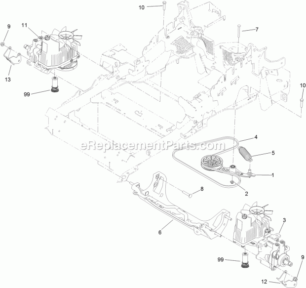 Hydraulic Pump, Idler And Belt Assembly Diagram and Parts List for 74942TE 316000001-316999999 Toro Lawn Mower