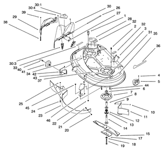 38" Deck Components Assembly Diagram and Parts List for 71193 6900001 - 6999999 Toro Lawn Tractor