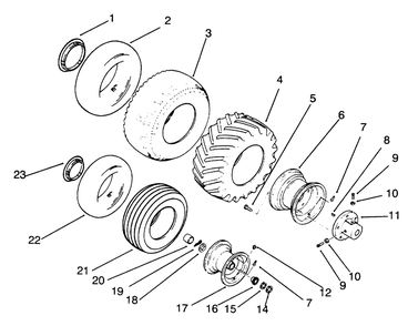Wheels And Tires Diagram and Parts List for 73400 3900001 - 3999999 Toro Lawn Tractor