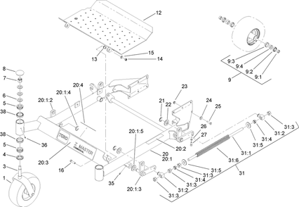 Front Frame And Caster Wheel Assembly Diagram and Parts List for 74448 (280000001-280999999)(2008) Toro Lawn Mower