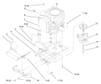 Twin Cylinder Engine, Muffler, And P.T.O. Diagram and Parts List for 72104 8900001 - 8900599 Toro Lawn Tractor