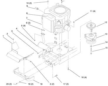 Twin Cylinder Engine, Muffler, And P.T.O. Diagram and Parts List for 72104 7900001 - 7999999 Toro Lawn Tractor