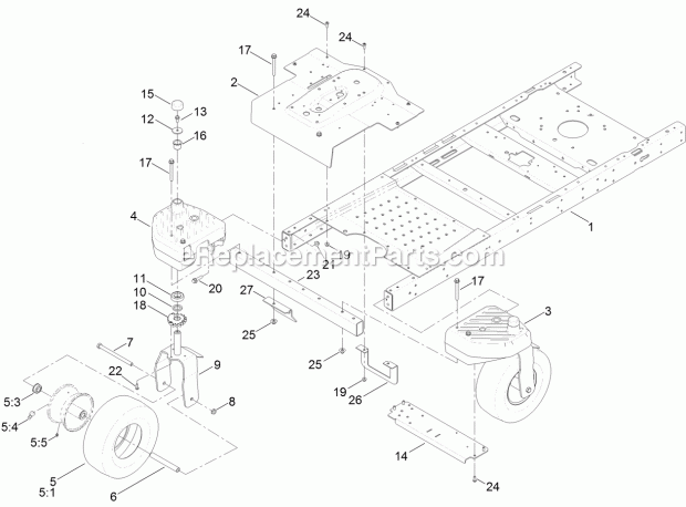 Frame, Front Axle And Caster Wheel Assembly Diagram and Parts List for 74797 315000001-315999999 Toro Lawn Mower