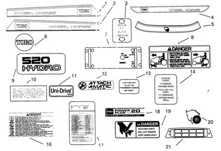 Decals Diagram and Parts List for 73520 5900001 - 5900177 Toro Lawn Tractor