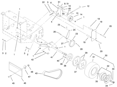 Wheel, Brakes And Traction Belts Diagram and Parts List for 30196 990001 - 990200 Toro Lawn Mower
