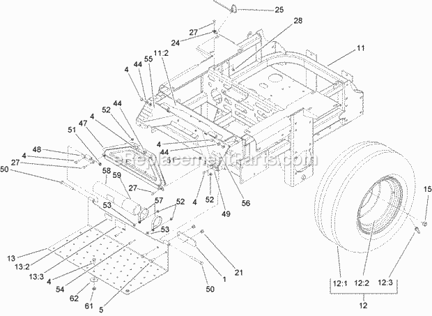 Main Frame Assembly Diagram and Parts List for 74262TE 260000001-260999999 Toro Lawn Mower
