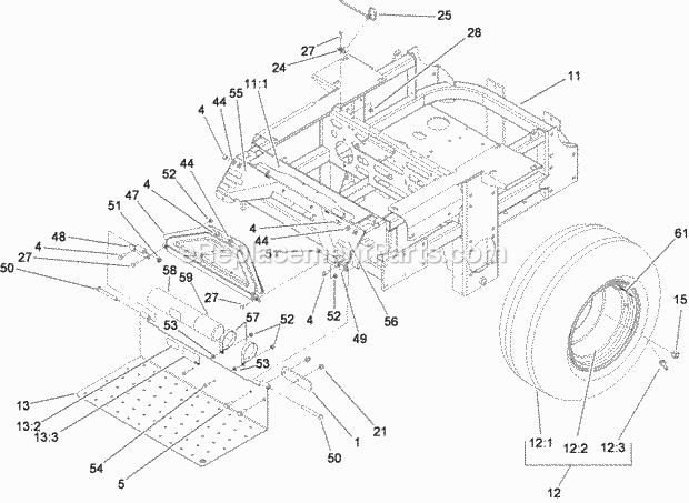 Main Frame And Rear Wheel Assembly Diagram and Parts List for 74282 280000001-280999999 Toro Lawn Mower