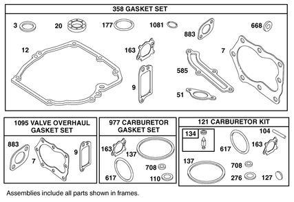 Gasket Sets And Carburetor Kit Assemblies  Briggs And Stratton 12h807-1775-E1 Diagram and Parts List for 20045 9900001 - 9999999 Toro Lawn Mower