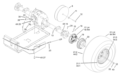 Rear Tire And Transaxle Assembly Diagram and Parts List for 12004 230000001 - 230999999 Toro Lawn Tractor