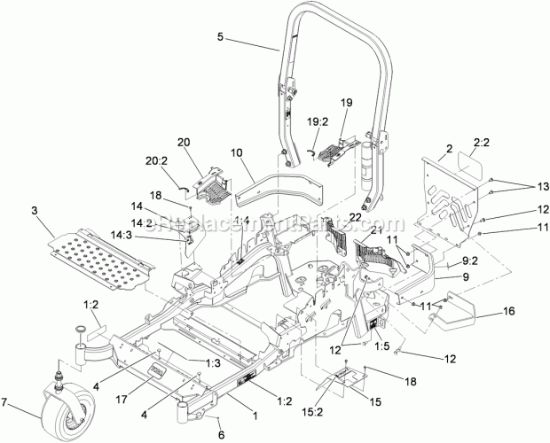 Front Frame And Caster Wheel Assembly Diagram and Parts List for 74921 290000001-290999999 Toro Lawn Mower