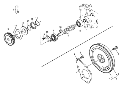 Flywheel, Fuel Camshaft And Governor Shaft Assembly Diagram and Parts List for 74264TE (260000001-260999999)(2006) Toro Lawn Mower