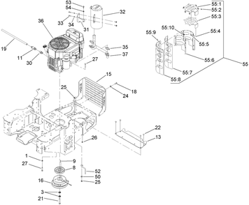 Engine, Clutch And Muffler Assembly Diagram and Parts List for 74418TE (270002001-270999999)(2007) Toro Lawn Mower