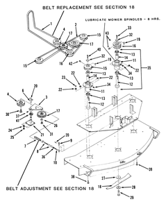 Mower Spindle And Belts Diagram and Parts List for Z1-18KE02  Toro Lawn Tractor