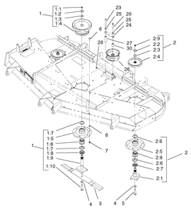 Spindle And Pulley Assembly Diagram and Parts List for 74214 (220000001-220999999)(2002) Toro Lawn Mower