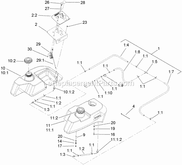 Fuel System And Throttle Control Assembly Diagram and Parts List for 74263CP 270000001-270999999 Toro Lawn Mower
